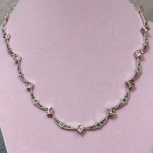 Vintage Marsala Sterling Silver Bib Necklace with Marcasite and CZ's 16 inch - Picture 13 of 13
